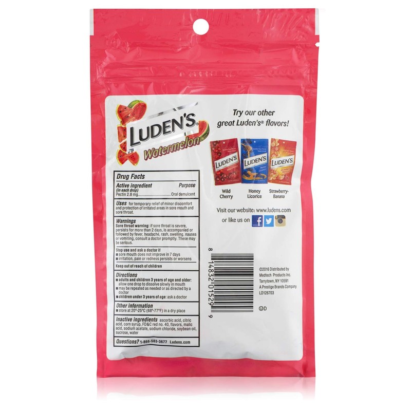 Luden's Watermelon Cough Throat Drops, Pectin Lozenge/Oral Demulcent, 25-Count per