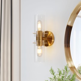 GEPOW Sconces Wall Lighting, Modern Gold Wall Sconces Indoor with Clear Glass Shade, 2-Light Plating Brass Bedroom Bathroom Wall Sconce Light Fixtures for Living Room, Kitchen, Hallway