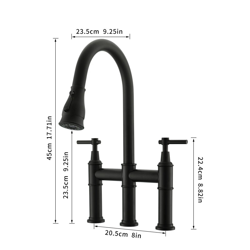 3-Hole Brushed Nickel Bridge Kitchen Faucet with Pull Out Sprayer