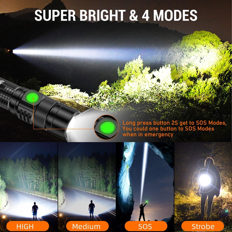 LED Tactical Flashlight Rechargeable - One Click SOS, Super Bright