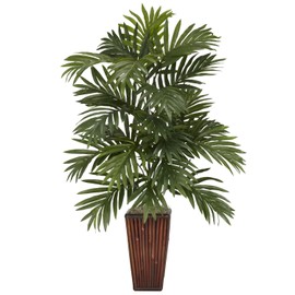 HomeStock Vintage Visions 32" Areca Palm with Tall, Rich Bamboo Vase Silk Plant, Tropical Home Decor Accent for Living Room, Office, or Indoor Spaces