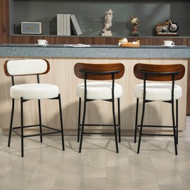 24'' White Bar Stools Set of 3, Modern Counter Height Bar Stools with Wood Back for Kitchen Island, Upholstered Fabric Barstools for Home, Cafe