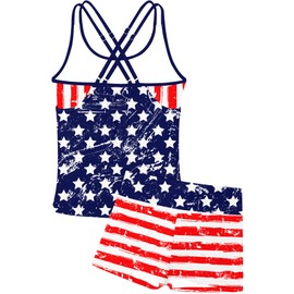 RAISEVERN Girls 4th of July Swimsuit Cute Patriotic Bathing Suits for Teens Size 8 2 Piece Adjustable Cross Straps American Flag Tween Tankini with Summer Striped Star Swim Short Size 7-8
