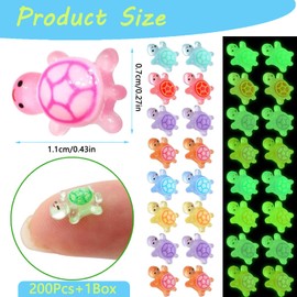 Pack of 200 Mini Turtles, Luminous Resin Figures, Colourful Mini Turtles for Decoration, DIY Micro Landscape, Garden, Party, Dollhouse, 11 x 7 mm, Transparent Box