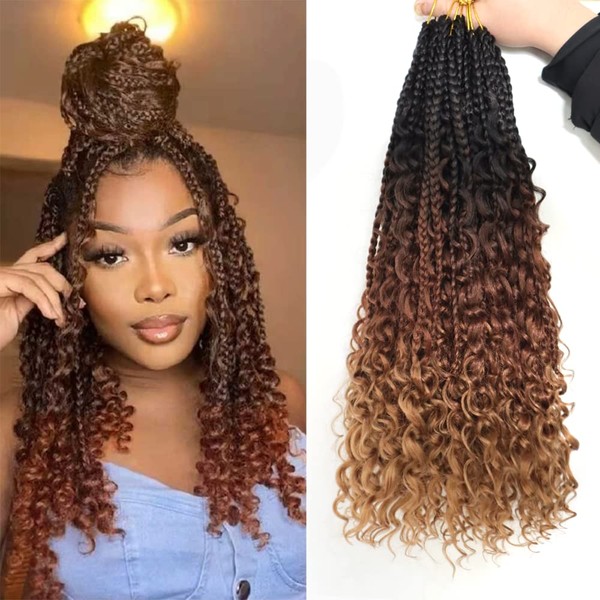 8 Packs Goddess Box Braids Crochet Hair With Curly Ends 18 Inch Pre-Looped Bohomian Crochet Box Braids Synthetic Braiding Hair Extensions (18 Inches, 1B/33/30)