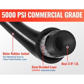 YAMATIC 3/8" Pressure Washer Hose 50FT with Stainless Steel Quick Connector, 5000PSI Rubber Power Washer Replacement Hose, Steel Wire Braided, Compatible with Simpson, Craftsman, Champion