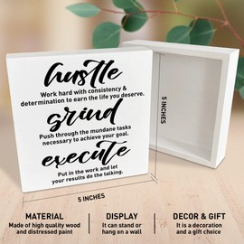 Inspirational Wooden Box Sign, Hustle Grind Execute, Inspirational Home Office Desk Decor, Motivational School Classroom Decoration, Positive Gifts for Women Men Coworkers Student
