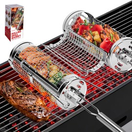 Chenovate® Heavy Duty Rolling Grill Baskets with Side-opening and Removable Handle,Grill Accessories for Veggies Shrimp Meat,Food-grade Stainless Steel,Kitchen Gadgets Fits Outdoor Cooking & Picnics,Camping Essentials,Ideal Gifts for Father's Day,Festiva
