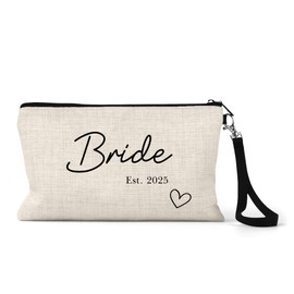 Bride Makeup Bag, Bridal Party Cosmetic Pouch, Hen Party Gifts, Wedding Day Emergency Touch Up Kit, 15 x 24 cm, Linen with Strap, Cream (2025 Bride)