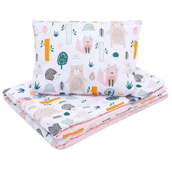 Bellochi Baby Duvet Set 75 x 100 cm and Child's Cushion 30 x 40 cm - Reversible and Fully Washable Children's Blanket - Oeko-TEX Certificate - 100% Cotton - Forest
