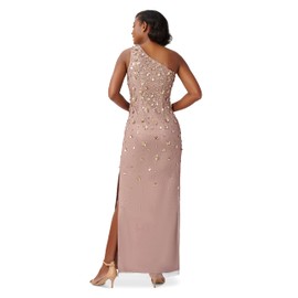 Adrianna Papell Women's One Shoulder Beaded Gown, Stone, 8
