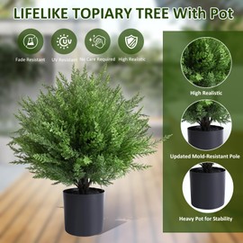 FAJUNZH 18.9" Artificial Cypress Topiary Tree Potted, Set of 2 Artificial Shrub Bushes with Pot, Fake Evergreen Trees for Front Porch Decor, Faux Plants for Outdoor Indoor Planters UV Resistant