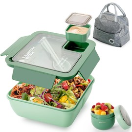 Dyserbuy Lunch Box Adults, Bento Box Set with Storage Bag, Utensils, Oats Container, Leakproof Lunchbox Adult with Fork & Spoon for Men Women Student School Office, Green