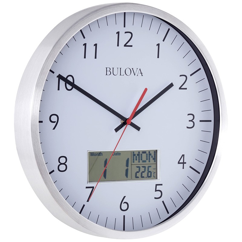 Bulova Manager Wall Clock C4810 | 14" Brushed Aluminum Industrial