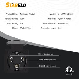 STARELO 5PCS 15Amp Power Outlet Receptacle NEMA 5-15R with Cover,125Volt 2 Pole 3Wire ,Weatherproof, Dustproof and Radiation Proof Power Outlet for Outdoor Use,ETL Listed.