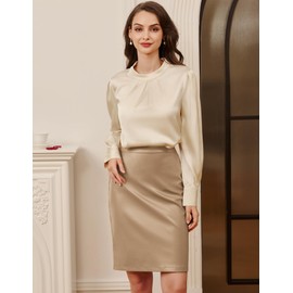 Belle Poque Women's Faux Leather Pencil Skirt - High Waist Stretchy Bodycon Midi Skirt with Back Slit | Office, Party, Date Night, Khaki L