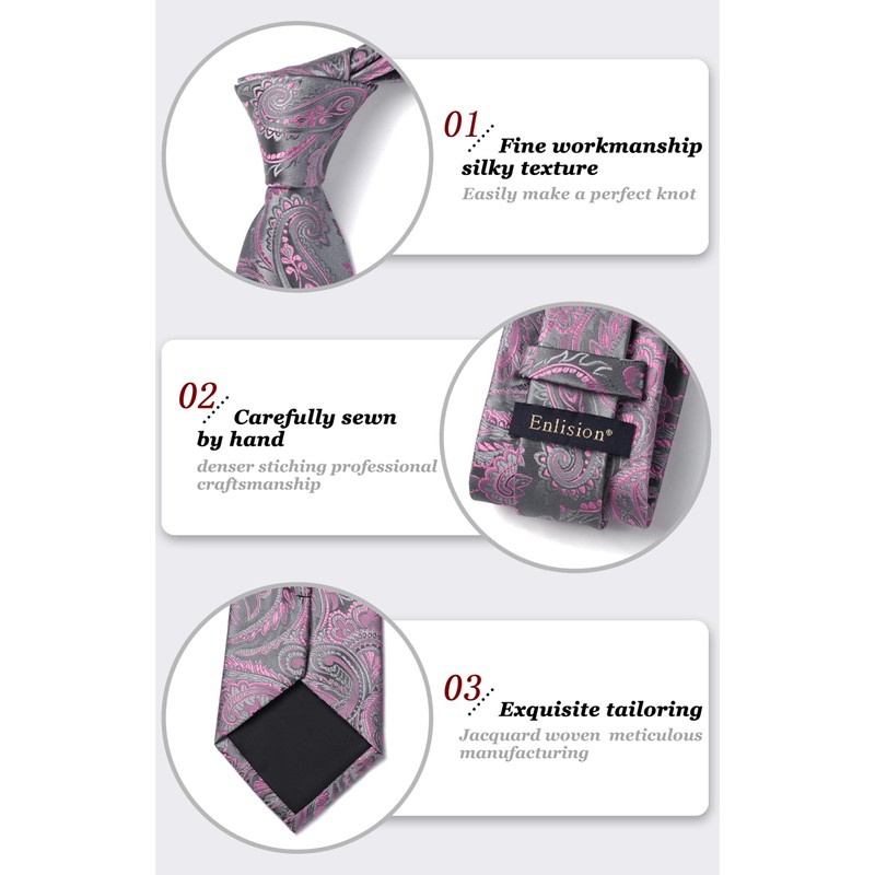Enlision Men's Ties Pink Paisley Clip Tie and Pocket Square