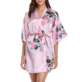 Vlazom Women Kimono Robes Satin Dressing Gown Peacock and Blossoms Sleep Lounge Nightwear Short Silk Bride Bridesmaid Robe, Pink, XL(UK 16-18)