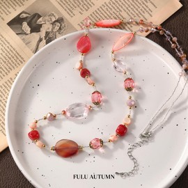 FULU AUTUMN Beaded Long Necklaces for Women Long Statement Bead Strand Necklace Boho Costume Jewellery Birthday Gifts for Her(Pink)