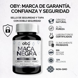 Maca Negra Peruana Orgánica 1040mg | Capsulas Maca Negra De Alta Pureza Veganas | Testosterona Hombre | Oby Vitaminas Hombre 60 Cápsulas