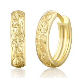 KRKC & CO Hoop Earrings, Hawaiian Jewelry, Men's Earrings, 0.6 inches (15 mm), Wave/Plumeria, Carved, Ring Piac, Binaural/Single Ear, Hypoallergenic, 14K Gold Plated, Silver Earrings, Unisex, Simple
