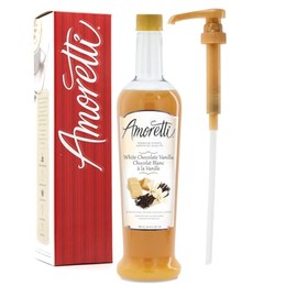 Amoretti - Premium White Chocolate Vanilla Syrup, 94 Servings Per Bottle (750 ml), with Pump for Flavoring Coffees, Cocktails, and other Beverages, Gluten Free, GMO/GEO Free, Preservative Free