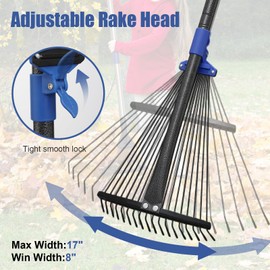 Adjustable Leaf Rake, 67” Long Handle Garden Rakes for Lawns Leaves with Expandable Head 8-17", Yard Women Kids Rake for Gardening RV Camping
