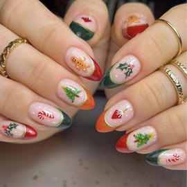Christmas Press on Nails Medium Almond Fake Nails with Christmas Tree Design Winter Xmas Cute Acrylic Glue on Nails for Women and Girls 24 PCS