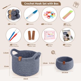 Aeelike Crochet Kit, Crochet Basket Kit, Starter Crochet Kits for Beginners Adults with Step-by-Step Instructions Yarn and Accessories, DIY Round Crochet Storage Basket Making Kit, Grey