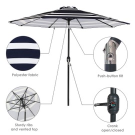 Sunnydaze 9-Foot Patio Umbrella with Push Button Tilt and Crank - Aluminum Pole with Polyester Canopy - Navy Blue Stripe