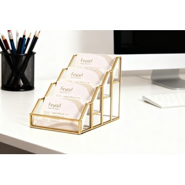 Feyarl Glass Business Cards Holder 4 Slots Multiple Gold Office Name Card Display Stand Clear Glass Desk Mirrored Business Cards Organizer for Office Reception Trade Show Agency