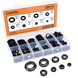 Canitu 200Pcs Rubber Grommet Eyelet Ring Kit Assortment Set Firewall Hole Plug Gasket Tools for Wire Cable Line | 8 Different Sizes with Storage Box, Black