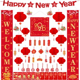 LeeLoon 53Pcs Lunar New Year Decorations 2026, Fabric Chinese Couplets Set Happy New Year Banner Porch Signs Red Lanterns Red Envelopes Paper Felt Lucky Hanging Ornaments for Spring Festival