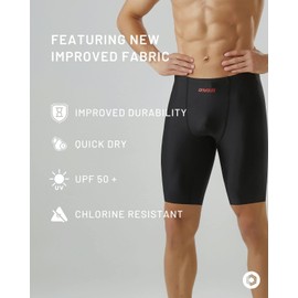 Onvous Pro Swim Jammers for Men | Men's Athletic Swimwear Jammers | Mens Jammers for Swimming | Mens Swim Jammers Size 28-38, Black - Red Logo, 38