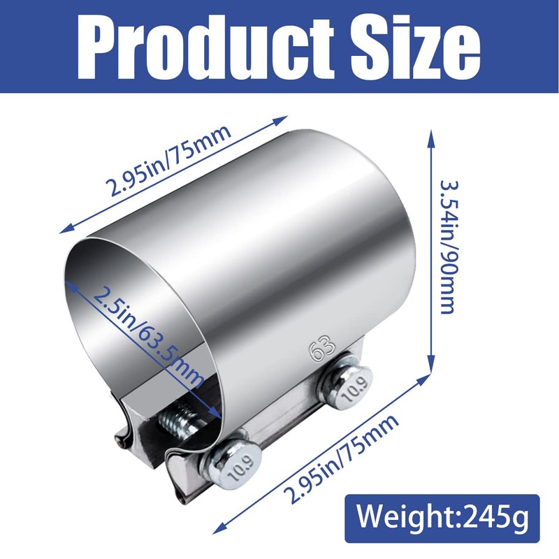Dianrui 2PCS 2.5" Butt Joint Stainless Steel Clamp Band ,2.5"