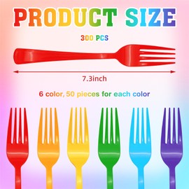 300 Pcs Rainbow Plastic Forks Pastel Disposable Silverware Heavy Duty Neon Plastic Forks for Birthday Holiday Party Picnics (Red Orange Yellow Green Blue Purple)