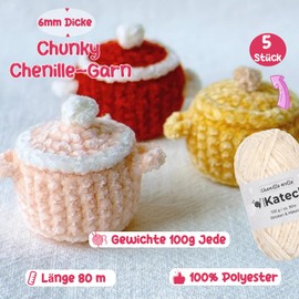 Katech 5 x 100 g Chenille Wool for Crocheting, Soft Velvety Baby Wool, Cuddly Chenille Crochet Wool, Thick Wool Set, Plush Wool Crochet Yarn, Thick Wool for Knitting, Sweaters/Blankets/Scarves - Light