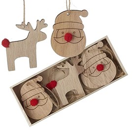 9 Boxed Wooden Santa & Deer Tree Hanging Decorations, Wooden Bauble Set With Pom Poms, Childrens Christmas Tree Decorations