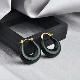 WARIDAR 18K Gold Plated Cold Enamel Blackish Green Hoops Earrings | Elegant Hypoallergenic Vibrant Lightweight Green Hoops | Ingenious Design Earrings for Women, Yellow Gold, No Gemstone