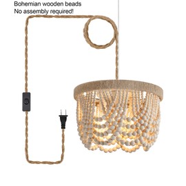 AMZASA Plug in Chandelier Boho Woven Hemp Rope Wooden Beaded Farmhosue Hanging Pendant Light Fixture with 14.8FT Cord On/Off Switch 3 Lights for Nursery Bedroom Living Room Dining Room UL Listed