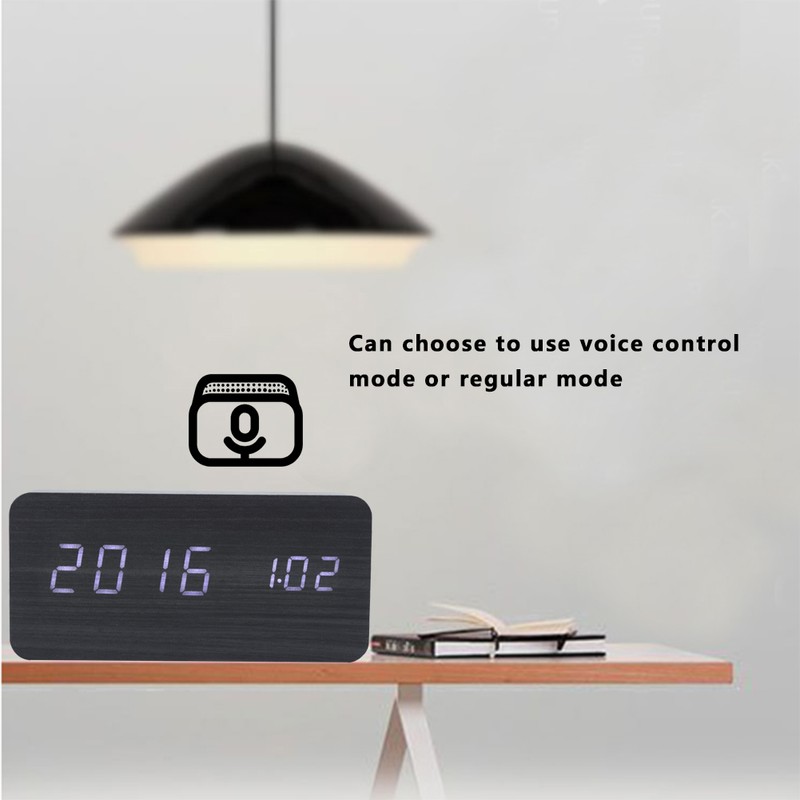LED Wooden Alarm Clock Electronic Voice Control Temperature Date Table