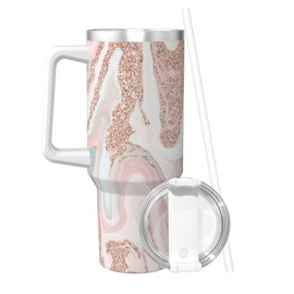 rose gold glitter coral gray pastel marble 40 oz Tumbler with Handle and Straw Lid | Insulated Cup Reusable Stainless Steel Water Bottle Travel Mug Cupholder Friendly | Gifts for Women Men Him Her