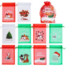 choyaxo 100PCS Christmas Organza Bags Santa Christmas tree Print Satin Drawstring Candy Jewelry Bags for Christmas Drawstring Gift Bags 4 x 6 Inches/10 * 15cm, 10 Styles
