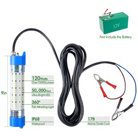 Pinboer Fishing Light Underwater 12V 15000LM 110V 35000LM Green White Blue Yellow Led Submersible Night Boat Waterproof IP68 in Freshwater and Saltwater with 17FT and 33FT (12V 15000LM 17FT, Yellow)