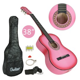 JungleA 38" Beginner Acoustic Guitar Kit for Kids Student Starter Music Lovers, 6-String Wood Folk Guitar with Gig Bag, Extra Set Bundle Steel Strings, Strap, Pitch Pipe and Pick (Pink)