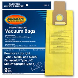 EnviroCare Replacement Micro Filtration Vacuum Cleaner Dust Bags Made to fit Kenmore Upright Type U/L/O 50688 and 50690, Panasonic Type U-2, Miele Type Z. 9 Pack