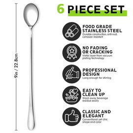 Rainspire 9-Inch Long Coffee Spoons for Coffee Bar, Coffee Stirrers Ice Cream Spoon Tea Spoons Stainless Steel Long Spoon for Cocktail Stirring Iced Tea, Coffee Bar Accessories, 6 Pack