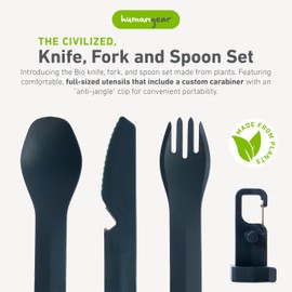 humangear GoBites Bio Trio K/F/S - Durable Plant-Based Travel Utinsel Set - Knife, Fork, Spoon, Integrated Bottle Opener & Clip, Dark Gray