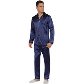 YIMANIE Mens Silk Satin Pajamas Set Classic Sleepwear Loungewear Navy
