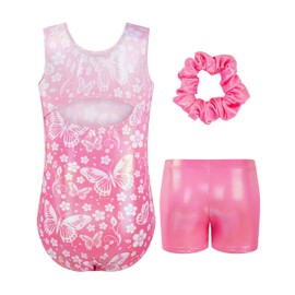 JiAmy Gymnastics Leotards for Girls with Shorts Set, 3Pcs Kids Gymnastics Athletic Outfit, Sleeveless Ballet Dancewear for Kids 8-9 Years